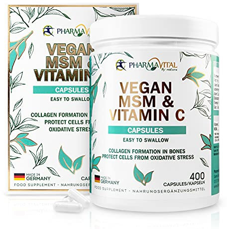 Pharmavital Vegan MSM & Vitamin C Kapseln aus Deutschland (400 Stück) hochdosiert mit 1000mg Methylsulfonylmethan pro Kapsel