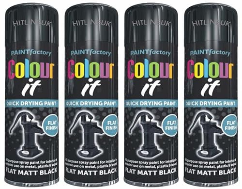 HitlineUK Spray Paint, 250ml Black Spray Paint Flat Matt, Wood Plastic Paint Sprayer, Multipurpose Interior & Exterior Black Spray Paint Flat Matt, Metal Spray Paint (4 Cans)