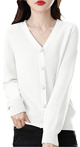 Ownwfeat Cardigan in cashmere da donna autunno/inverno maglione scollo a V Casual allentato cashmere cardigan, bianco, XXL