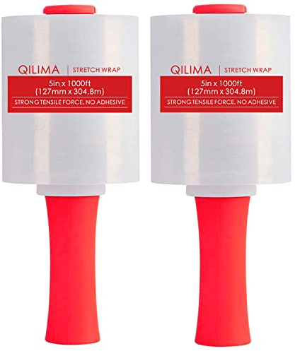 QILIMA Película elástica transparente industrial con mango de 5 pulgadas, 1000 pies, calibre 80 para envoltura de palés, embalaje autoadhesivo duradero,paquete de 2 unidades Rojo
