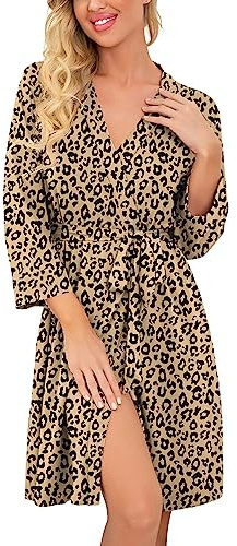 PrinStory Women Robes Lightweight Dressing Gowns Soft Kimono Robes Short Sleepwear Casual Knit Bathrobe Ladies Loungewear Homewear (Vintage Leopard Khaki, M)