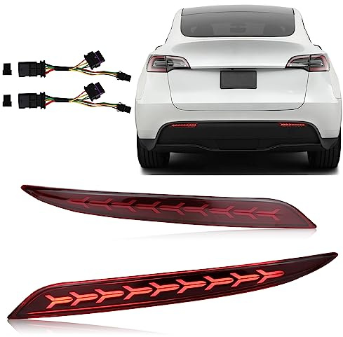 GEEGEETOP Red Lens Rear Fog Bumper Reflector Brake Tail Sequential Flash Singal Lights Lamp 3 in 1 Arrow Style Compatible with Tesla Model Y 2021 2022 2023 Standard Performance