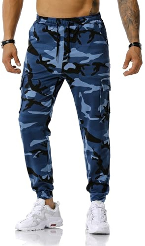 MakingDa Pantalones de chándal para hombre, camuflaje, gimnasio, pantalones de chándal con cordón, múltiples bolsillos, pantalones de correr, pantalones de trabajo de camuflaje de combate, azul