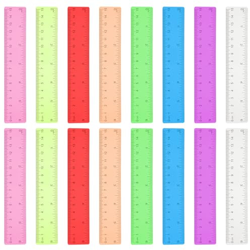 16 Packs 6 Inch Ruler - 8 Assorted Color Plastic Small Rulers for Kids, Flexible Straight Edge Measuring Tool for Classroom School Supplies