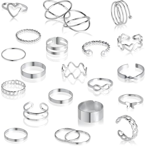 MKVZIYE 22 Pezzi Set Anelli Donna Acciaio Boho Anelli Aperto Minimalista Impilabili Anelli Argento Regolabili Nocche Anello con Cuore Farfalla