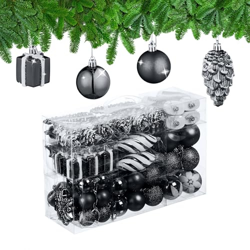 Relaxdays Set 72 Bolas Árbol Navidad, Bolitas Navideñas Brillantes, con Purpurina y Mate, Botas, Corazón, Piñas, Negro