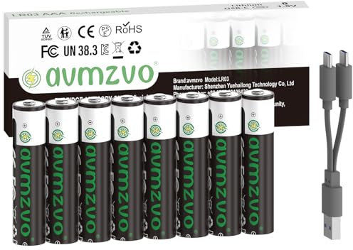 avmzvo 8 pilas AAA de 1,5 V, 1100 mWh, recargables de litio USB-C con cable de carga USB-C 2 en 1, carga rápida de 2 a 3 horas