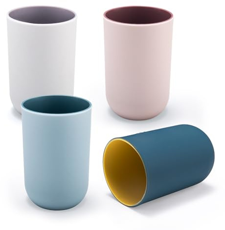 4 Pieces Plastic Bathroom Tumblers, PNDID Unbreakable Toothbrush Cup, Plastic Mouthwash Cup Toothbrush Holder (Light Gray, Dark Blue, Light Pink, Light Blue)