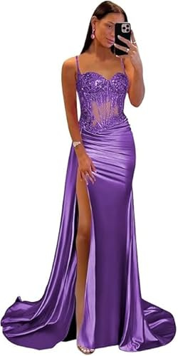 Vestidos de graduación de satén estilo sirena con plisados, largos, de estilo ballgown con abertura, apliques de encaje, corsé, para la noche, formal, Morado (, XS