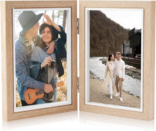 EclipseGuard - Marco de fotos doble (10 x 15 cm, marco de fotos de madera plegable con bisagras, marco de fotos personalizado para 2 fotos, decoración del hogar, familia, boda y regalo