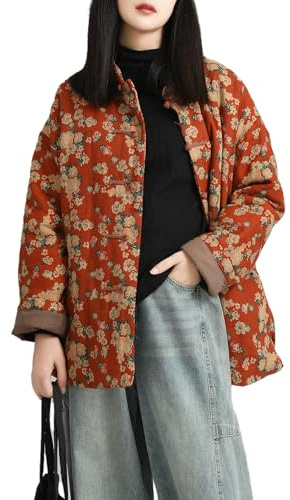 LZJN Women's Floral Print Cotton Quilted Jacket Loose Casual Coat with Pockets Vintage Outwear(US, Alpha, One Size, Regular, Regular, Orange Floral)