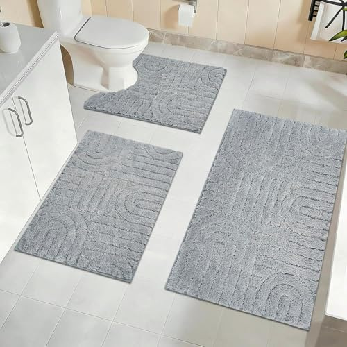 Homcomodar Bath Mat Sets 3 piece Soft Microfiber Bathroom Mat Sets Water Absorbent Bath Mats for Bathroom Washable Non Slip Bath and Toilet Rug Set for Shower Floor Bathrooms Decor（Grey）