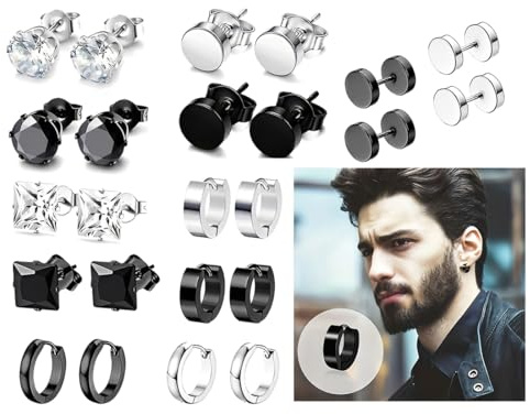 JYNXOR 12 Paires Boucles d'Oreilles Homme Acier Inoxydable - Boucles d'Oreilles Créoles, Piercing Cartilage, avec Zircones - Style Punk - Noir/Argent pour Hommes et Femmes