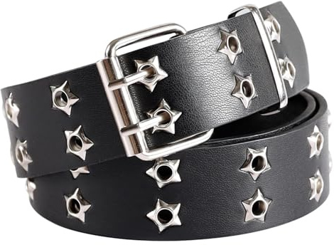 Wnzdp Studded Belt, Emo Clothes, Emo Accessories, Star Belt Bright Pyramid Rivets Rock Punk Gothic Leather Belt Double Row of Star Holes Sturdy Square Buckle with 2 Pins