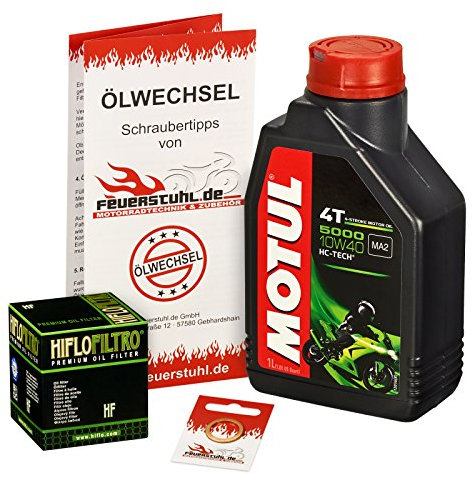 Motul 10W-40 Öl + HiFlo Ölfilter für Kawasaki D-Tracker (KLX 125), 10-13, LX125C - Ölwechselset inkl. Motoröl, Filter, Dichtring