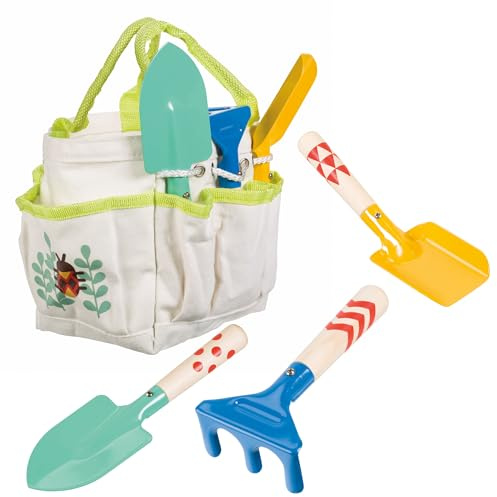 Beetle & Bee Kids Garden Tote Kit – Durable, Easy-to-Clean Gardening Tools Set - Includes Canvas Tote Bag, Hand Rake, Shovel & Trowel - Perfect Toddler Gardening Set