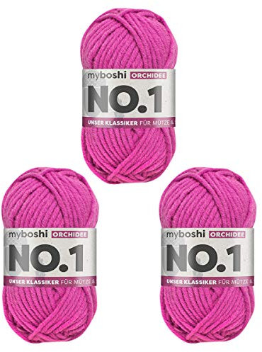 myboshi No.1 Wolle zum Häkeln und Stricken, Schnellstrickgarn, langlebige Mützenwolle, Strickwolle, Häkelwolle, mulesing-frei, 50g, Ll 55m Rosa (Orchidee) 3 Knäuel