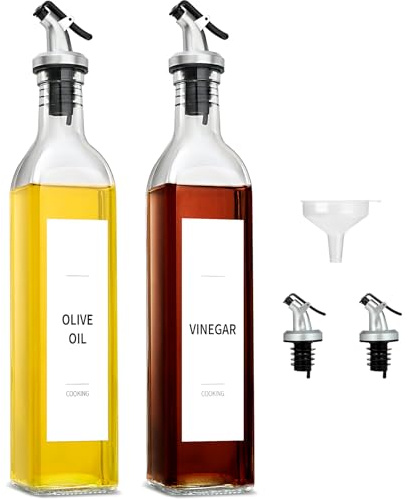 gmisun Olive Oil and Vinegar Dispenser Bottle Set, 2 Pack Oil and Vinegar Dispenser Bottle, 17oz Kitchen Oil Dispenser, Glass Cooking Oil Dispenser, Clear Glass Bottles for Oil with Funnel and Labels