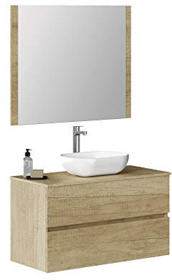 Baikal Baño Onyx, 2 cajones, suspendido en Pared, con Lavabo cerámico. Mueble Montado, Melamina 16,Mueble F46 + Top + Lavabo + Espejo 90 cm Nature