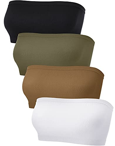 Blulu Brasier Bandeau para Mujer, sin Tirantes, sin Costuras, sin Relleno, elástico, Paquete de 4, Chocolate, Verde Claro, Blanco, Negro, XXL