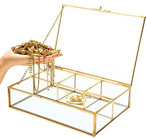 Homtone Caja de cristal vintage de cobre, caja de recuerdo transparente, organizador de joyas y expositor de colección de encimera, caja decorativa de vidrio transparente y latón (4 compartimentos)