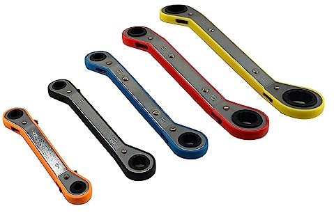 MacWork Set di 5 chiavi a cricchetto a cricchetto reversibili a cinque colori universali a cricchetto a doppio anello, combinazione metrica professionale in lega di acciaio trattato termicamente
