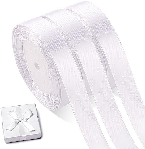 66m x 20mm Satinband Weiss, 3 Rollen Doppelseitig Geschenkband Weiß, Schleifenband Weiss Dekoband Bänder für Hochzeit Kommunion Geburtstag Bastelarbeiten (22m/Rollen)