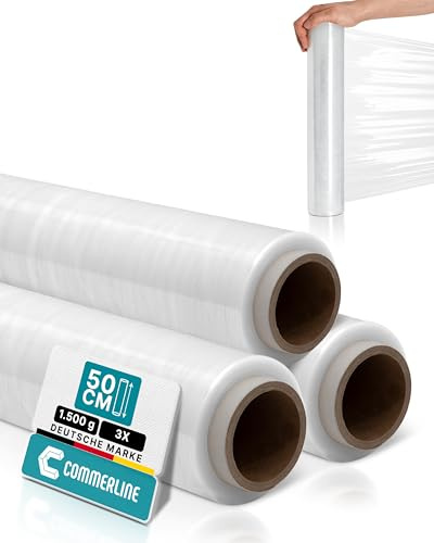 Commerline Transparent Stretchfilm | 3 Rullar - 50 cm, 1500 g, 230 m | Plastfolie & Skyddsfilm för Flytt, Möbler och Pall | Förpackningsfilm & Wrapfilm