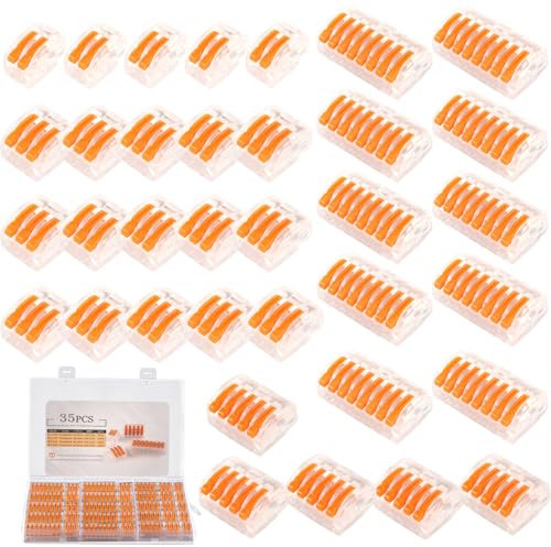 mellystore Kabelverbinder Set 35 Stück Kabelklemmen Elektro Lüsterklemmen mit Betätigungshebel, Elektro Klemmen Set 4mm² Leiter Klemme Verbindungsklemme für Feste Kabel 2-8 Leiter