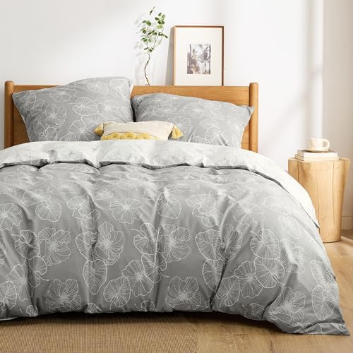 BEDSURE Juego de ropa de cama de 220 x 240 cm, 3 piezas, funda nórdica de algodón, 220 x 240 cm, gris, con 2 fundas de almohada de 80 x 80 cm, ropa de cama reversible con certificación ÖKO-TEX y