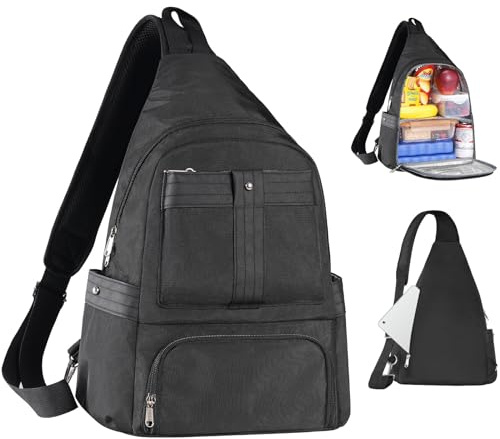 HesLaus Crossbody Lunch Backpack, Double Deck Large Insulated Lunch Box for Men Women Adult, Leakproof Lunchbox with Side Pokets for iPad, Small Cooler Bag for Work Office Hiking Beach Picnic, Black