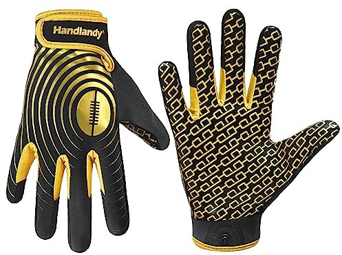 HANDLANDY Jugend American Football Handschuhe, Klebrige Wide Receiver Handschuhe für Kinder & Erwachsene, Schwarz und Gold Stretch Fit Football Handschuh (Jugend M)