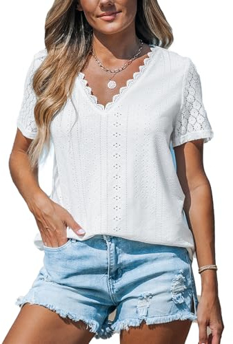 CUPSHE Chemisier d'été à manches courtes en dentelle avec œillets et col en V pour femme
