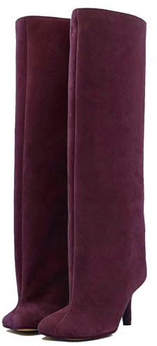 VOZTOLLS Women's Suede Knee High Boots Square Toe Stiletto Heel Wide Calf Tall Boots Sexy Slip On High Heel Dress Long Booties Burgundy Size 9