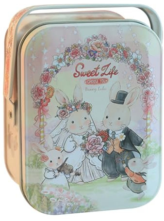 Generic Vintage Bunny Couple Biscuit Tin Box with Handle, Multi-Purpose Portable Storage Box for Sweets Chocolate, 10.5 x 7.8 x 6 cm