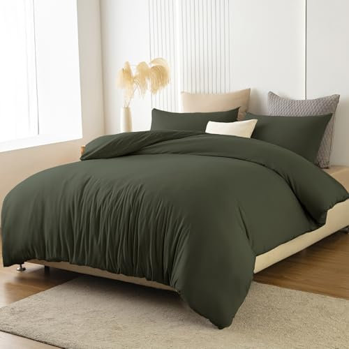 Soifox Bettwäsche 180x200 Olivgrün - aus Mikrofaser Bügelfrei & Knitterfrei Bettbezug 180 x 200 Set mit 80x80 cm Kissenbezug 2er Set Bettwasche mit Reißverschluss