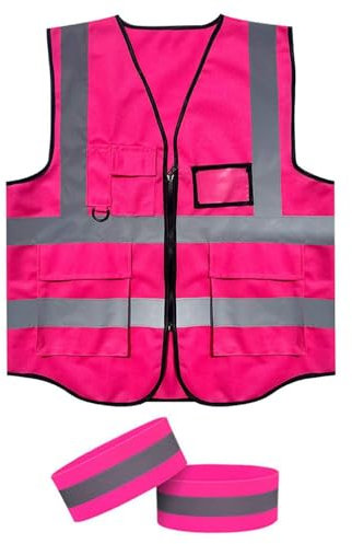 1 Morceau De Gilet Réfléchissant, 1 Paire De Bracelets Réfléchissants, Gilet D'Avertissement De Sécurité Classique, Gilet De Sécurité Avec Sac, Décoration De Vêtements Rouges En Rouge Rose