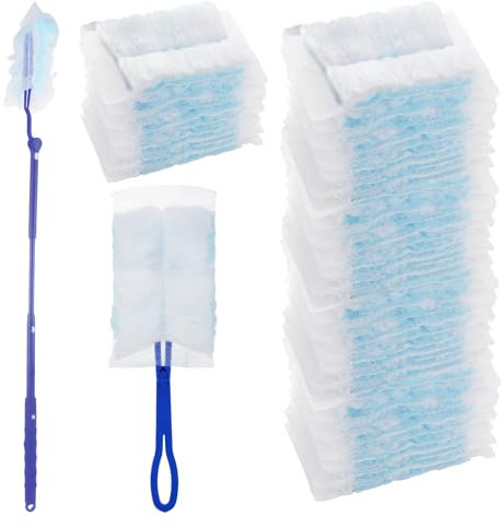 50 Pièces Plumeau Poussiere Recharge Kit - Plumeau Télescopique, Fibre Électrostatique, avec 1 Manche Pliable et 1 Manche Télescopique 90 cm, pour Maison et Bureau