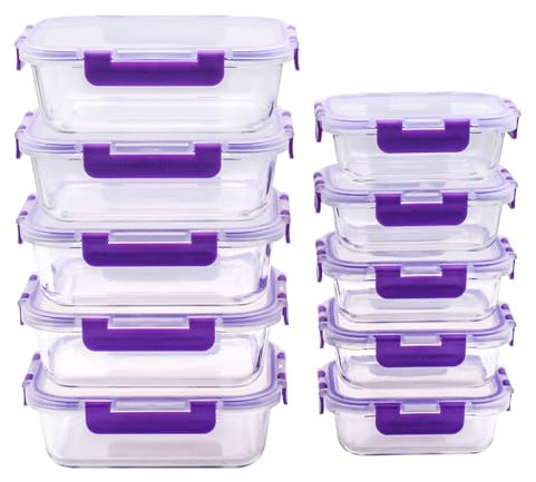 Recamania Recipientes de Cristal Para Alimentos - 20 Piezas (10 recipientes y 10 tapas) - Apto para lavavajillas, Microondas y congelador - a prueba de fugas y sin BPA - Aprobado por la FDA y el FSC