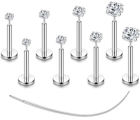 Chriscoco 4-8 Pcs G23 Titane Piercing Oreille Nez Tragus Helix Conch CZ Labret Levre Cartilage Oreille Petit Piercing Medusa Or Argent 16G/18G/20G
