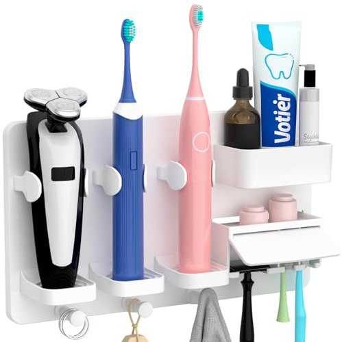 FIXCHORD Soporte para Cepillo Eléctrico, Portacepillos de Dientes Multifuncional de Pared, Portacepillos de Dientes electrico para Almacenamiento en el Baño, Blanco