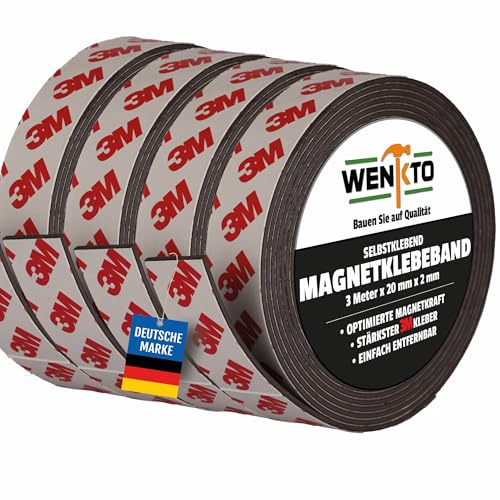 WENKTO® magnettejp 3 meter; starkt 3 m magnetband gör-det-själv-projekt och gör-det-själv-projekt, flexibel tejp med magneter; magnetiskt band för väggar, dörrfästen med mera (4 x 3 meter, 2 cm bredd)