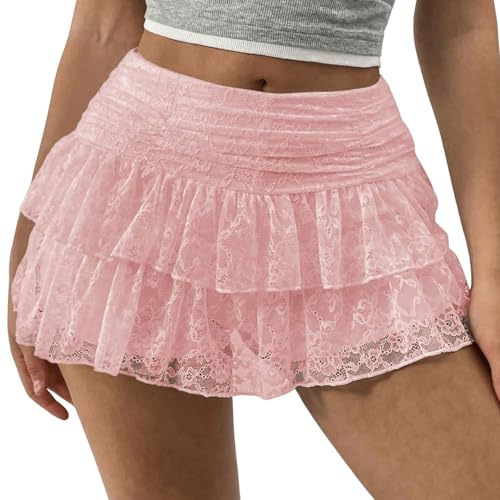 Womens Layered Lace Mini Skirt Y2k Sexy Micro Ruffle Shorts RARA Skirt Festical Outfits Club Coquette Clothes (03Pink, S)