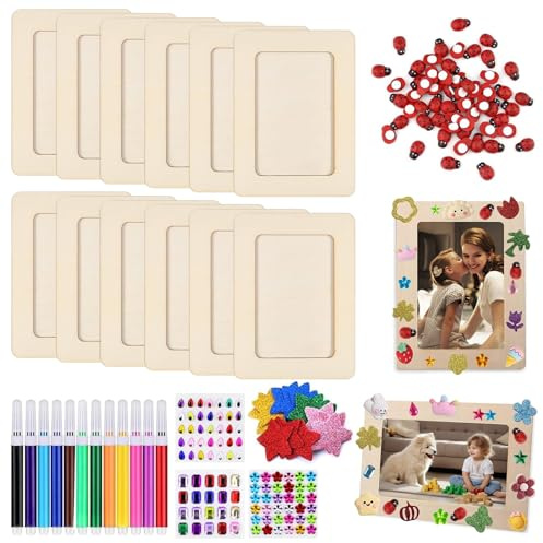 DIY Photo Frame Craft Kit - 12 Pack Unfinished Wooden Picture Frames to Paint with Glitter Stickers, Gemstones,12 Colour Pens, EVA Decals – Creative Art & Craft Activity Gift Set