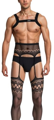 Generisch Bas résille à lacets hautement élastiques pour hommes pour femmes Lingerie 2025 Lingerie Rave Haut porte-jarretelles Ensemble de lingerie Ouvert, Noir , taille unique