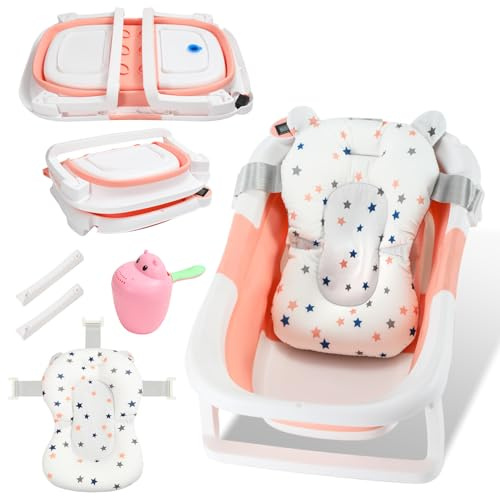 Peviasot Bañera para bebé plegable, doble bañera plegable para bebés con cojín de baño, diseño antideslizante y tapón de agua reactivo a la temperatura, ahorra espacio y es estable, color rosa