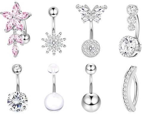 Dochais 8 st 14 g kirurgiskt stål navelpiercing kubisk zirconia navelpiercing set för kvinnor allergivänlig navel navelpiercing silver/guld/roséguld