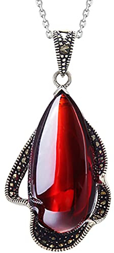 S925 Silver Halsband Hänge, Granat Retro Hänge Thai Silver Smycken Mode Dam Nytt Halsband Rubin Hänge Halsband Nyckelben Kedja Smycken Present (röd granat 39 * 17 mm)