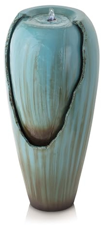 Alpine Corporation 33 Tall Outdoor Antique Jar Water Fountain, Vintage Cascading Design with LED Lights, Garden, Patio & Yard Decor, Turquoise