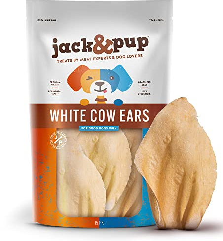 Jack&Pup Cow Ears for Dogs (15 Pack) - White Whole Cow Ears, All Natural Single Ingredient, High Protein, Pig Ear and Rawhide Alternative Dog Treats - Cow Ears for Small and Large Dogs (15 Pack)
